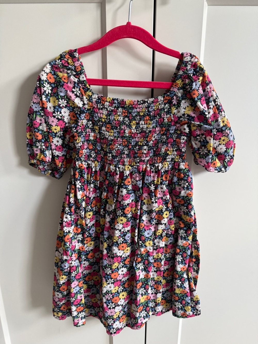 GAP Black Floral Smocked Puff-Sleeve Dress